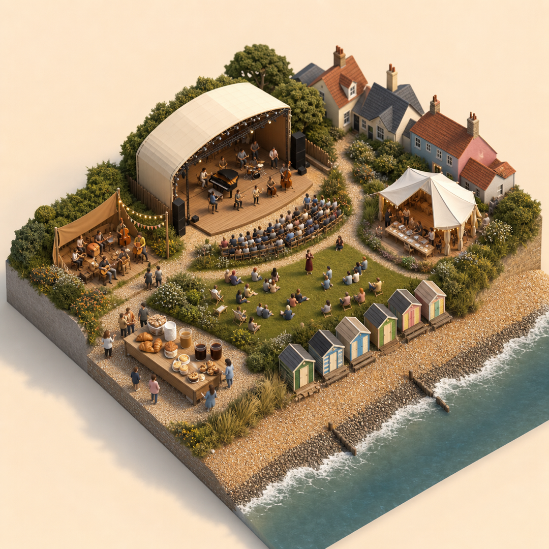 Aldeburgh Festival immersive miniature model visual journey with Music festival stage, Folk music corner, Live performance lawn, Festival snacks table, Workshop tent