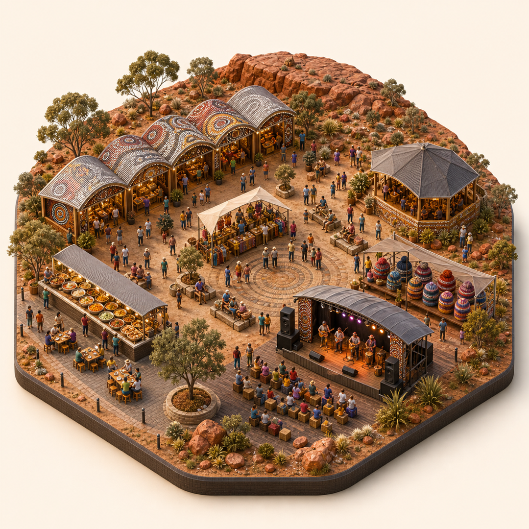 Miniature model visual journey for Alice Springs Beanie Festival, with five clickable festival zones.