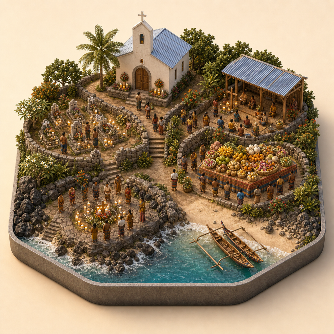 All Souls and All Saints immersive miniature model with ancestor cue, offerings cue, coastal ancestor rites, offering fruit table, and chanting corner