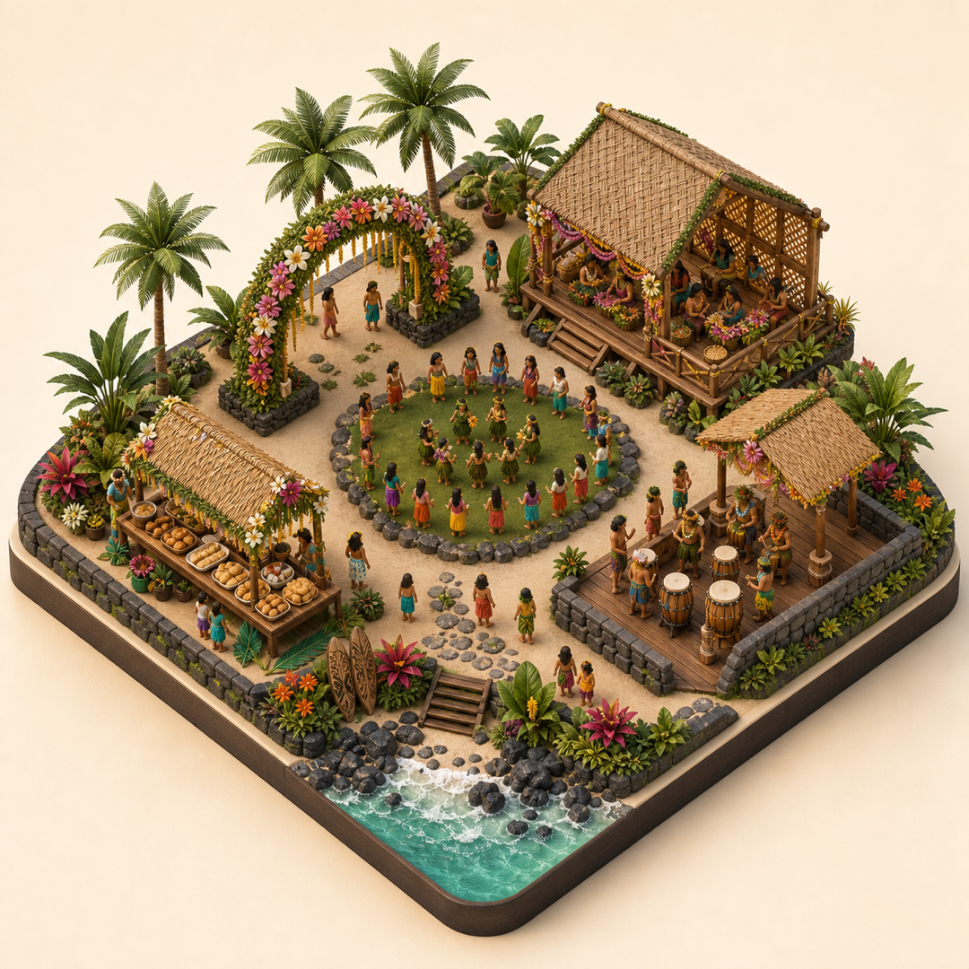 Miniature model visual journey for Aloha Festivals, with five clickable festival zones.
