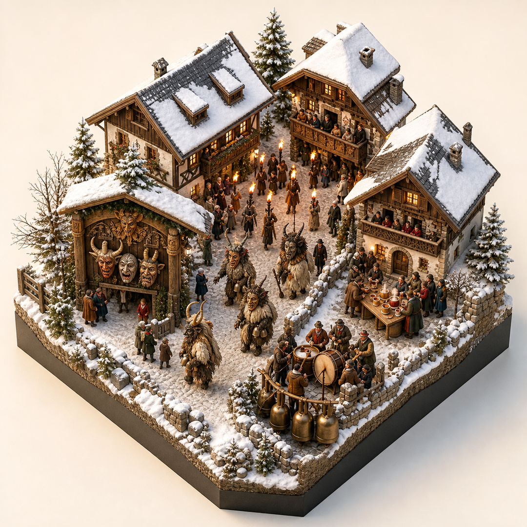 Tyrol Alpine winter mask festival cultural illustration immersive miniature model with Winter mask gate, Torch procession lane, Carved mask parade, Mulled wine table, Drum and cowbell corner