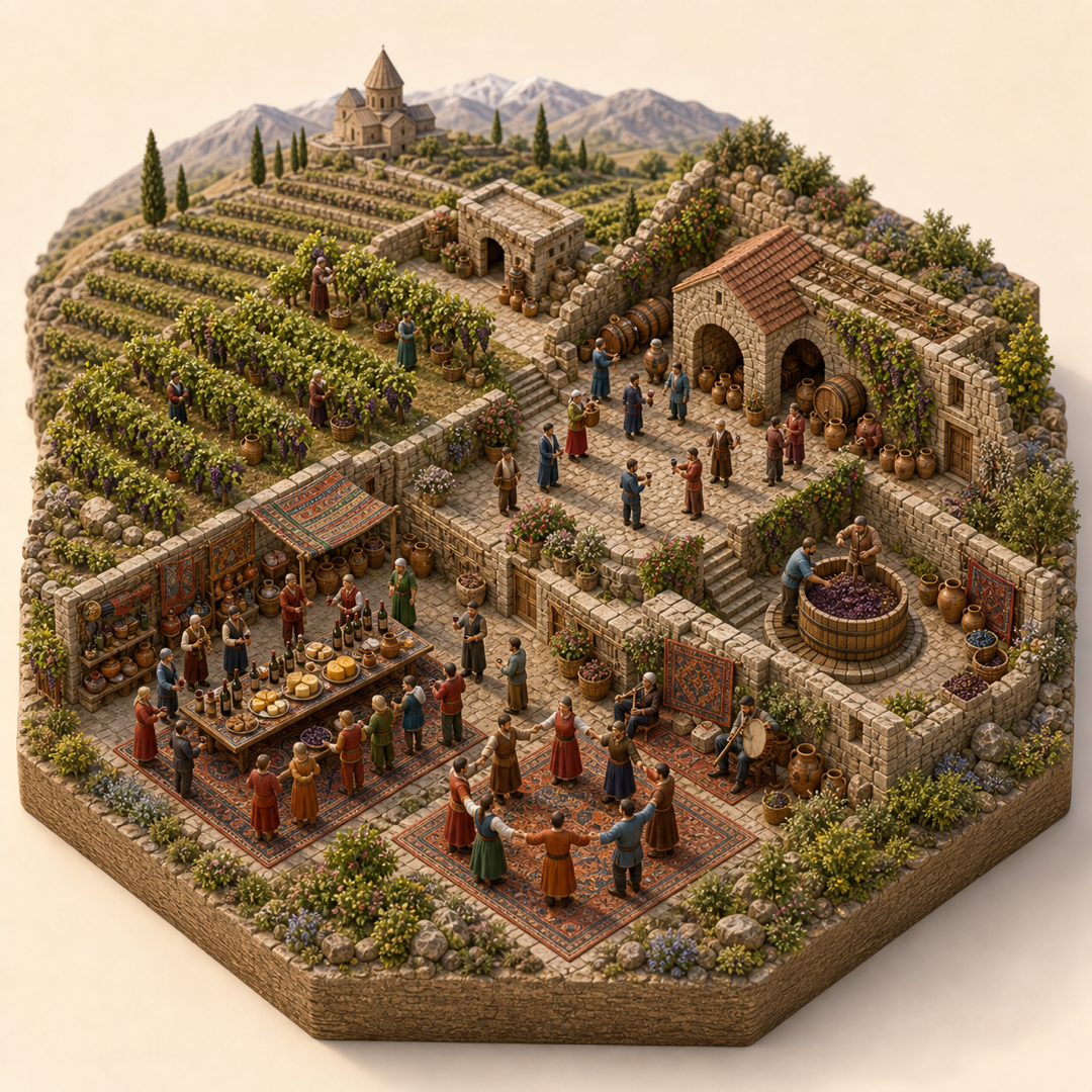 Areni Wine Festival in Aragatsotn immersive miniature model with Armenian vineyard terrace, Areni wine courtyard, Grape pressing vat, Wine and cheese table, Folk dance and duduk corner