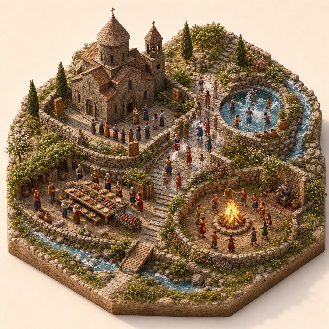 Vardavar and Trndez in Aragatsotn immersive miniature model with Armenian church court, Vardavar water basin, Blessing splash path, Khorovats and lavash table, Duduk corner