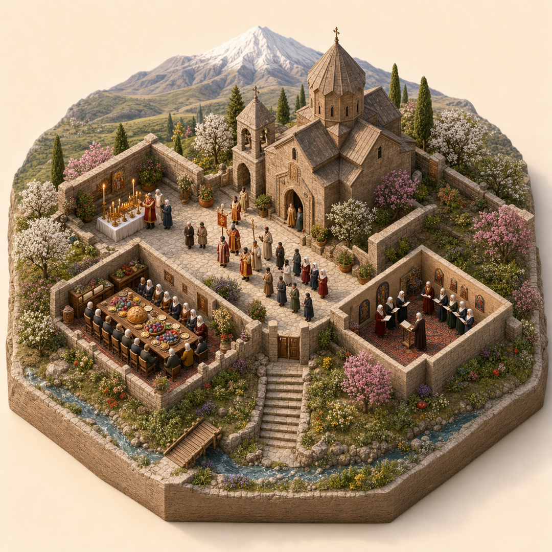 Easter in Ararat immersive miniature model with Church nave and courtyard, Candle blessing table, Easter procession path, Bread and egg table, Hymn singer corner