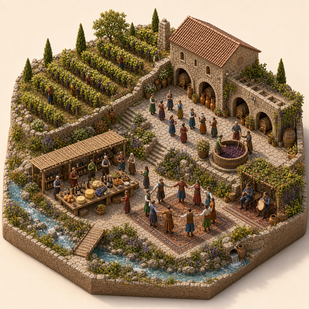 Areni Wine Festival in Armavir immersive miniature model with Armenian vineyard terrace, Areni wine courtyard, Grape pressing vat, Wine and cheese table, Folk dance and duduk corner