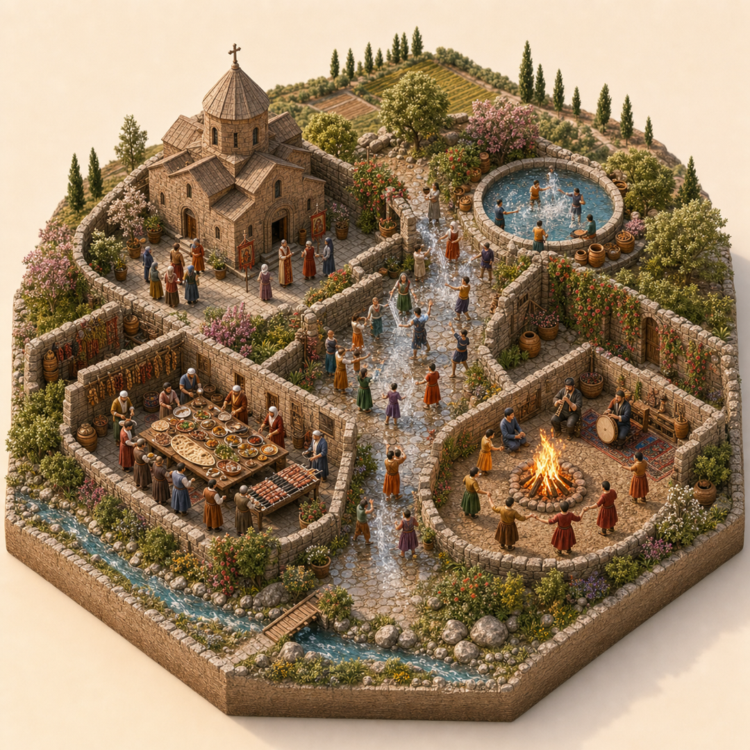 Vardavar and Trndez in Armavir immersive miniature model with Armenian chapel court, Vardavar water basin, Blessing splash path, Khorovats and lavash table, Duduk corner
