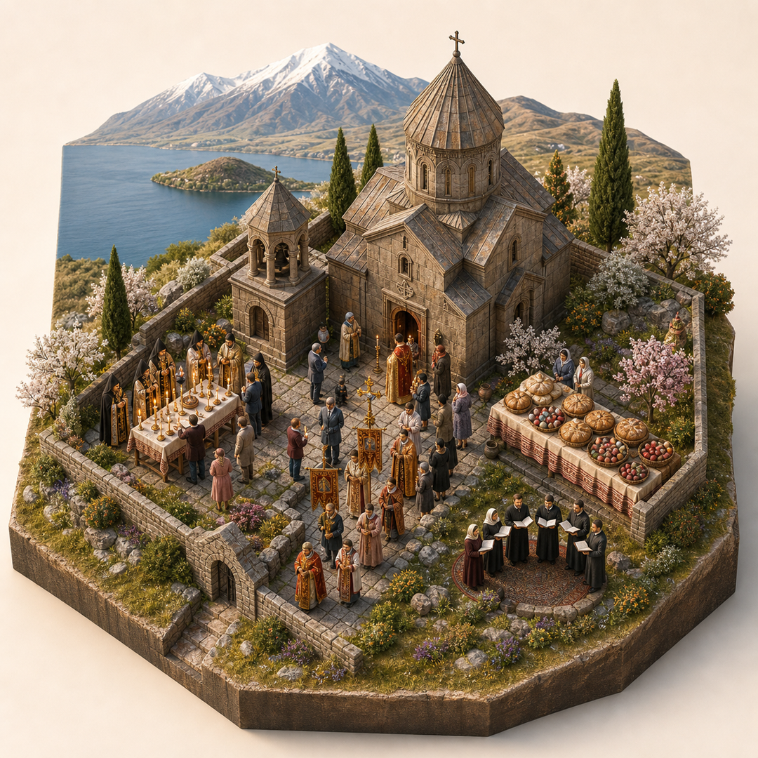 Easter in Gegharkunik cultural illustration immersive miniature model with Church nave and courtyard, Candle blessing table, Easter procession path, Bread and egg table, Hymn singer corner