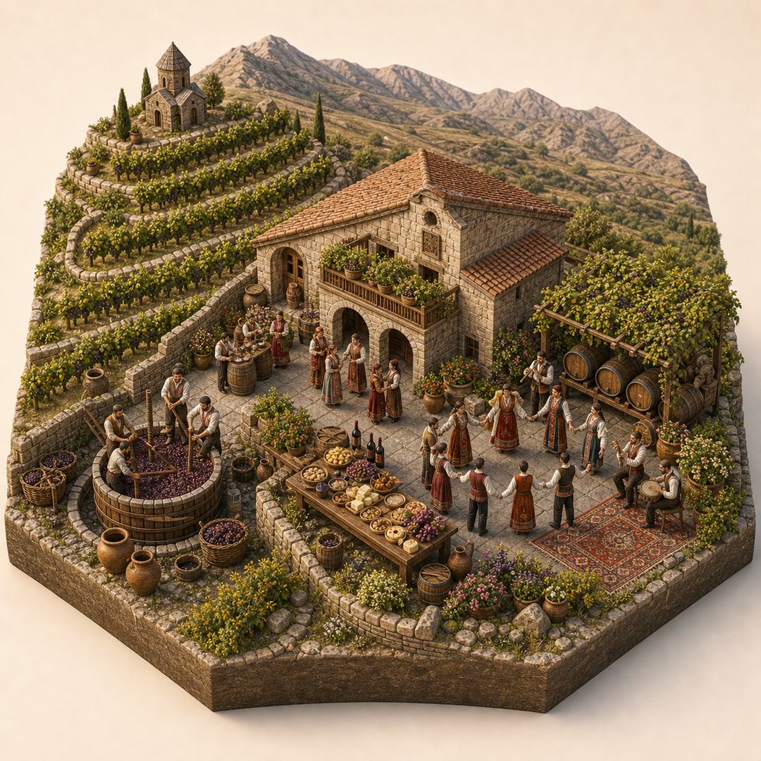 Areni Wine Festival in Kotayk cultural illustration immersive miniature model with Armenian vineyard terrace, Areni wine courtyard, Grape pressing vat, Wine and cheese table, Folk dance and duduk corner