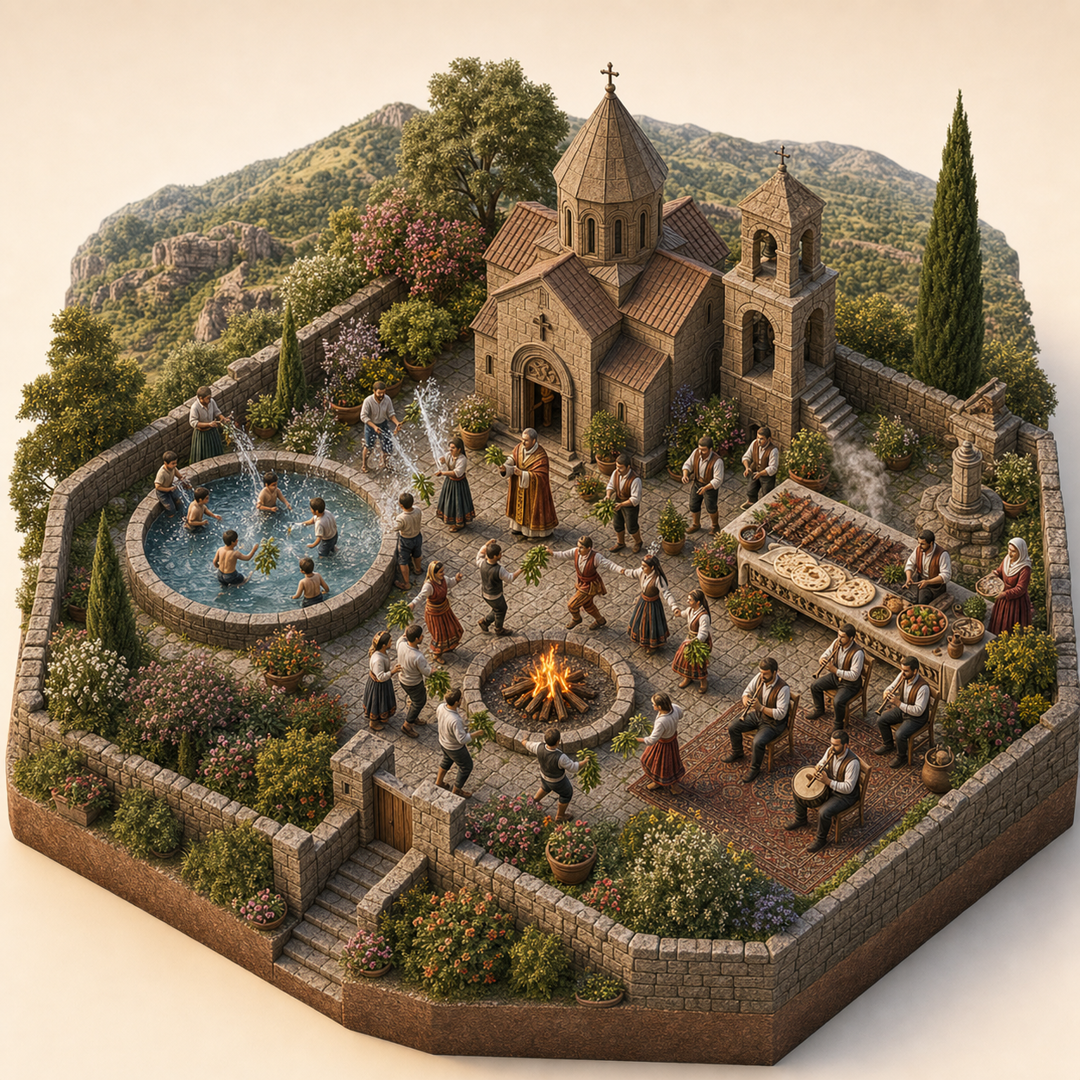 Vardavar and Trndez in Kotayk cultural illustration immersive miniature model with Armenian church court, Vardavar water basin, Blessing splash path, Khorovats and lavash table, Duduk corner