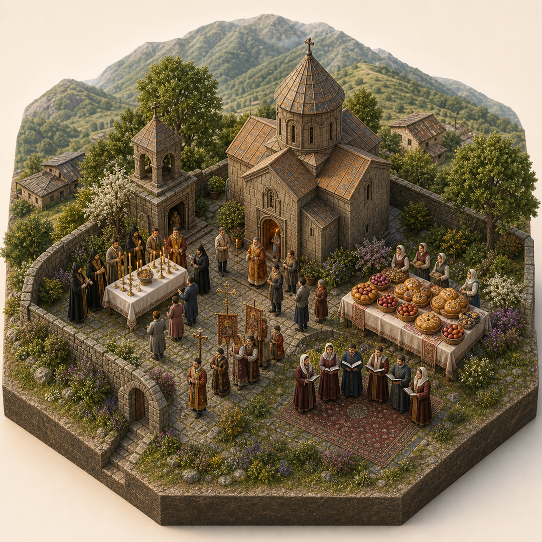 Easter in Lori cultural illustration immersive miniature model with Church nave and courtyard, Candle blessing table, Easter procession path, Bread and egg table, Hymn singer corner