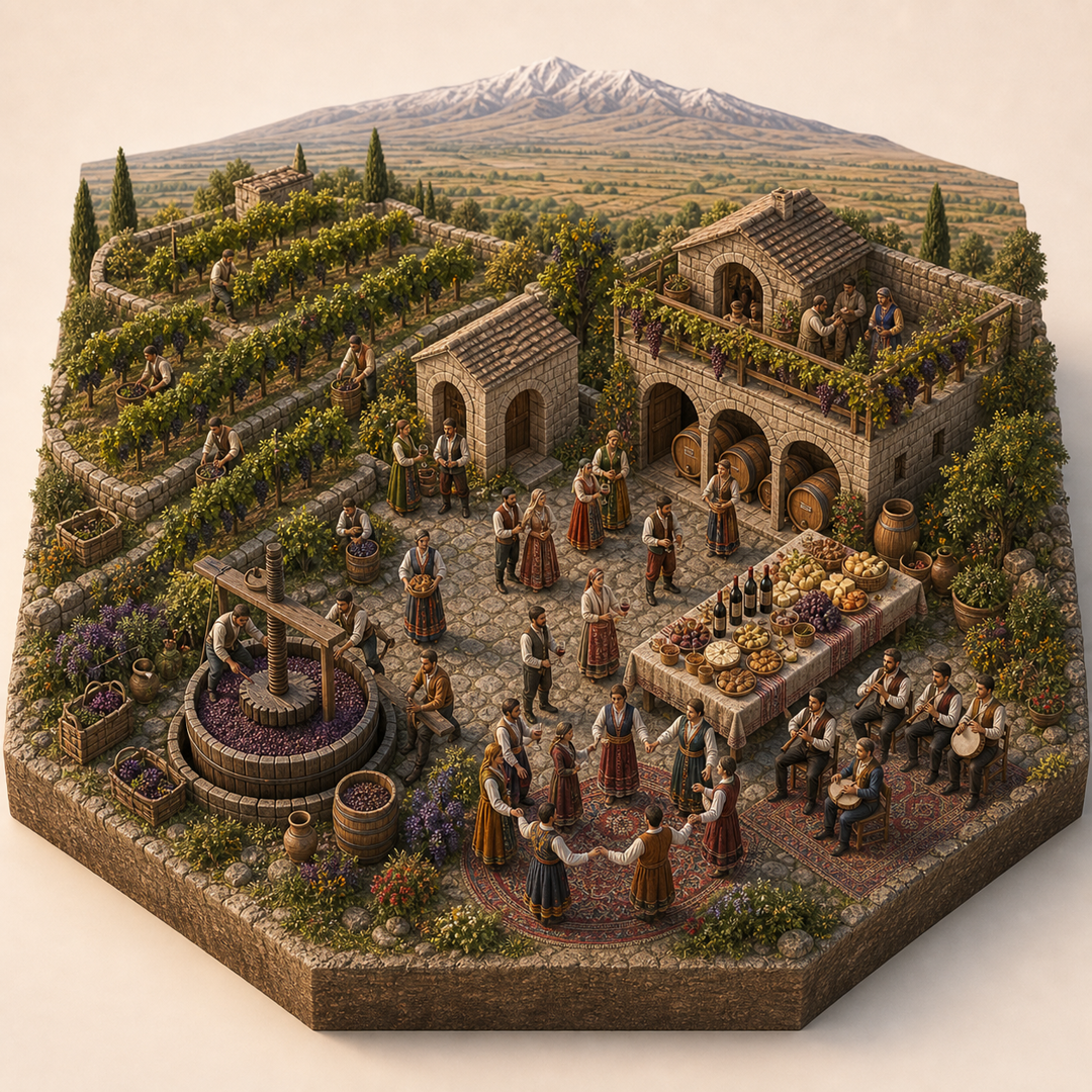 Areni Wine Festival in Shirak cultural illustration immersive miniature model with Armenian vineyard terrace, Areni wine courtyard, Grape pressing vat, Wine and cheese table, Folk dance and duduk corner