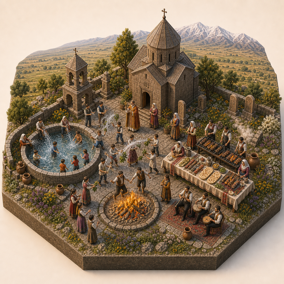 Vardavar and Trndez in Shirak cultural illustration immersive miniature model with Armenian church court, Vardavar water basin, Blessing splash path, Khorovats and lavash table, Duduk corner