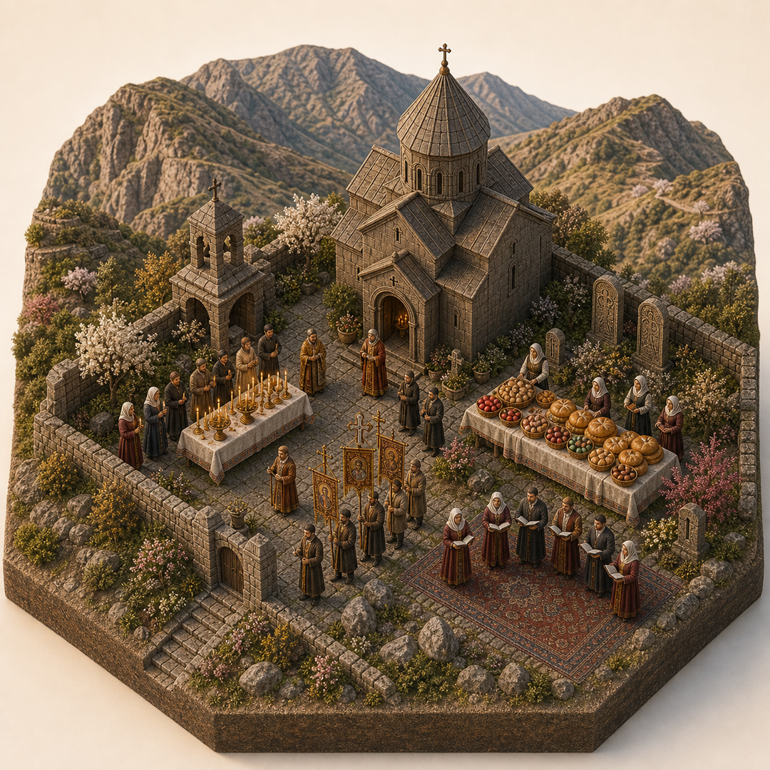 Easter in Syunik cultural illustration immersive miniature model with Church nave and courtyard, Candle blessing table, Easter procession path, Bread and egg table, Hymn singer corner