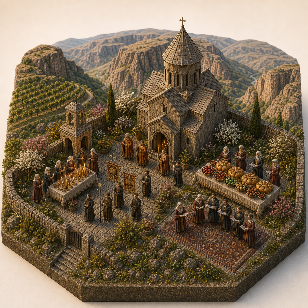 Easter in Vayots Dzor cultural illustration immersive miniature model with Church nave and courtyard, Candle blessing table, Easter procession path, Bread and egg table, Hymn singer corner