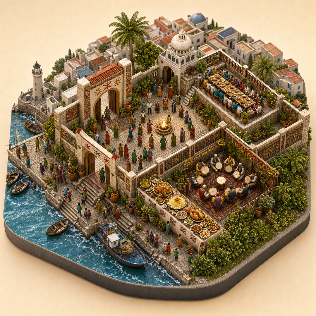 Annaba Amazigh New Year immersive miniature model with Amazigh threshold, Yennayer family courtyard, Annaba harbor feast terrace, Couscous and chicken table, Frame-drum song corner