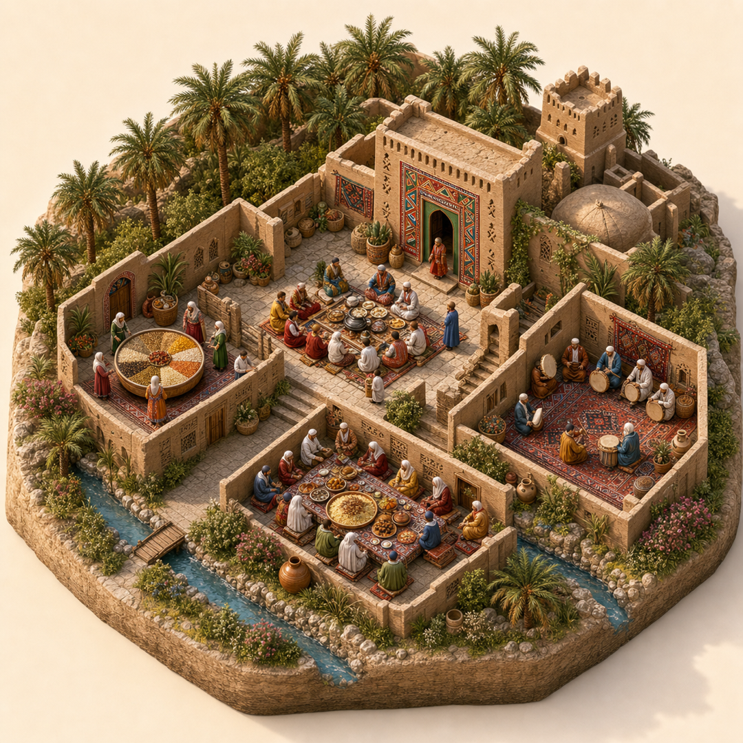 Biskra Amazigh New Year immersive miniature model with Amazigh threshold, Yennayer family courtyard, Grain blessing tray, Couscous and date table, Frame-drum song corner