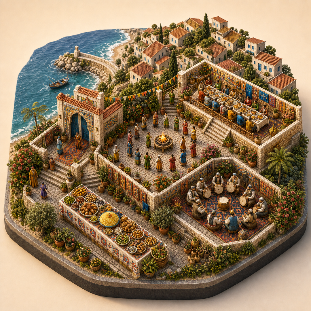 Boumerdes Amazigh New Year immersive miniature model with Amazigh threshold, Yennayer family courtyard, Boumerdes hillside feast terrace, Couscous and olive table, Frame-drum song corner