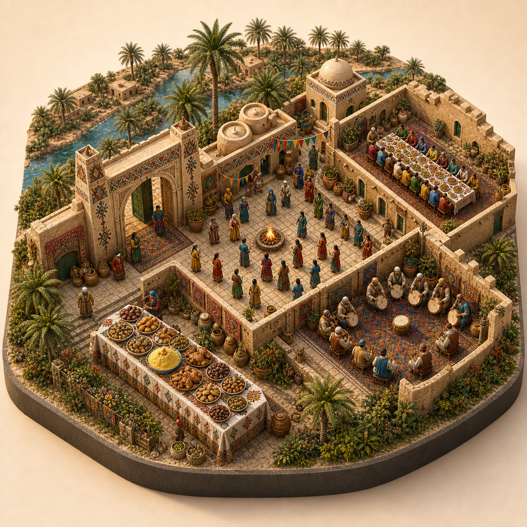 El Oued Amazigh New Year immersive miniature model with Amazigh threshold, Yennayer family courtyard, El Oued oasis feast court, Couscous and date table, Frame-drum song corner