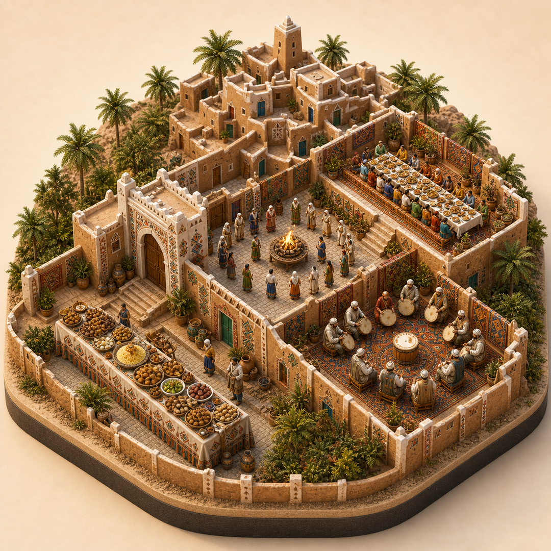 Ghardaia Amazigh New Year immersive miniature model with Amazigh threshold, Yennayer family courtyard, Ghardaia Mzab feast courtyard, Couscous and date table, Frame-drum song corner