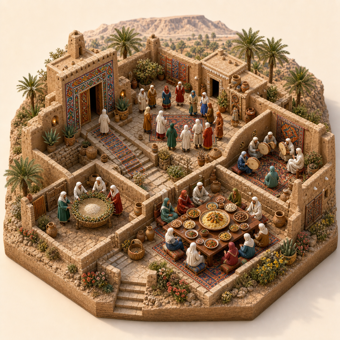 Laghouat Amazigh New Year immersive miniature model with Amazigh threshold, Yennayer family courtyard, Grain blessing tray, Couscous and sweets table, Frame-drum song corner