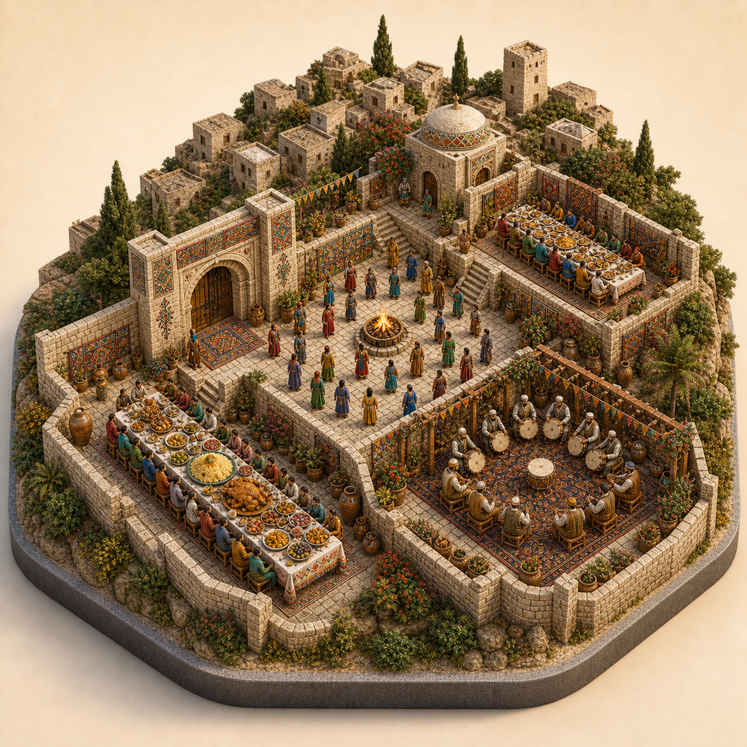 Mila Amazigh New Year immersive miniature model with Amazigh threshold, Yennayer family courtyard, Mila stone feast courtyard, Couscous and chicken table, Frame-drum song corner