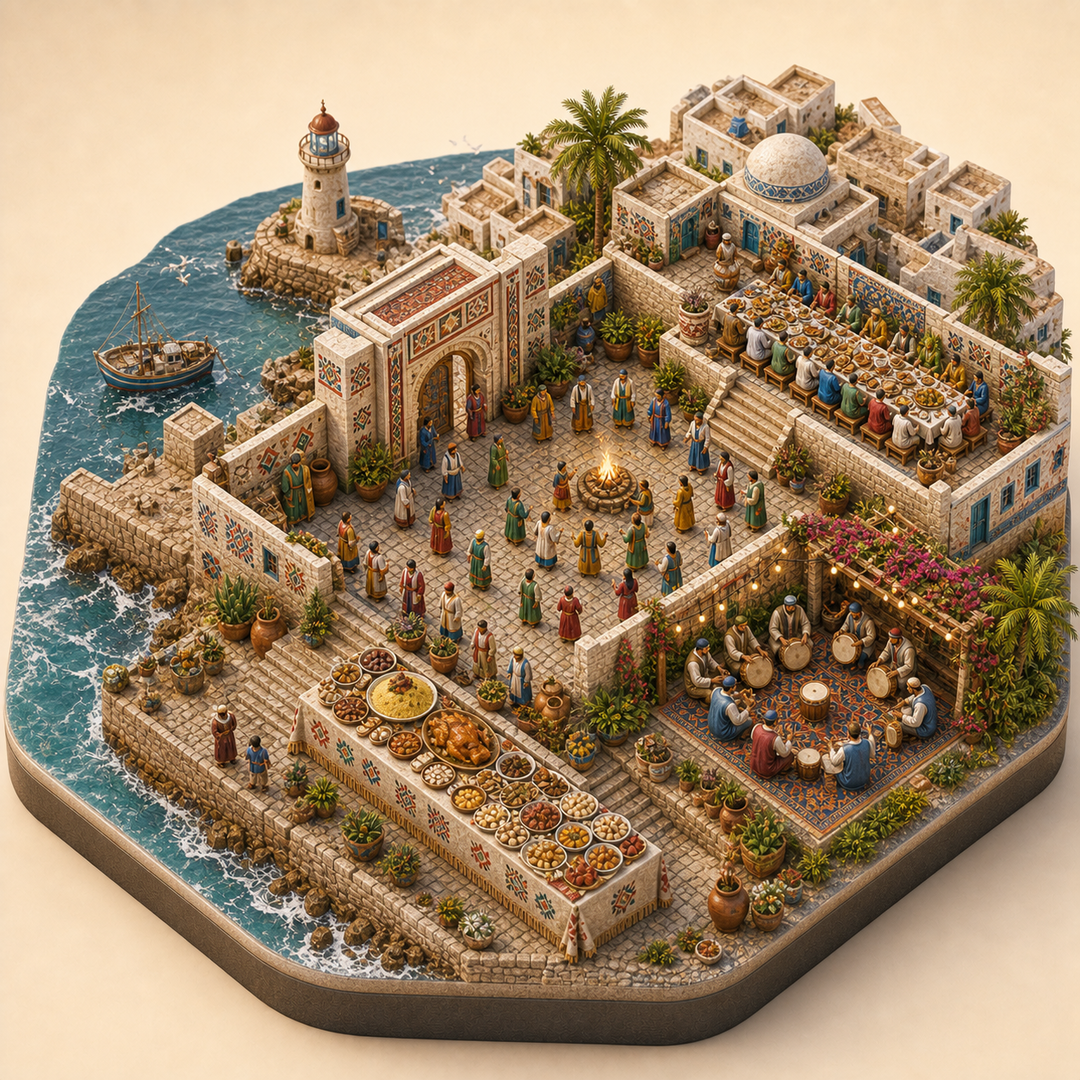 Mostaganem Amazigh New Year immersive miniature model with Amazigh threshold, Yennayer family courtyard, Mostaganem coastal feast terrace, Couscous, chicken, and sweets table, Frame-drum song corner