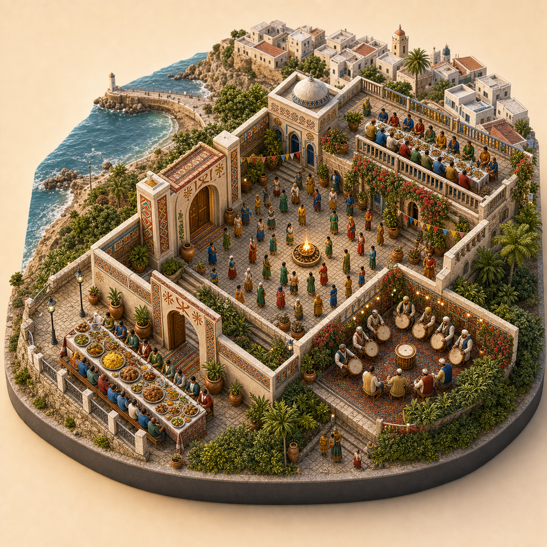Oran Amazigh New Year immersive miniature model with Amazigh threshold, Yennayer family courtyard, Oran coastal feast terrace, Couscous and chicken table, Frame-drum song corner