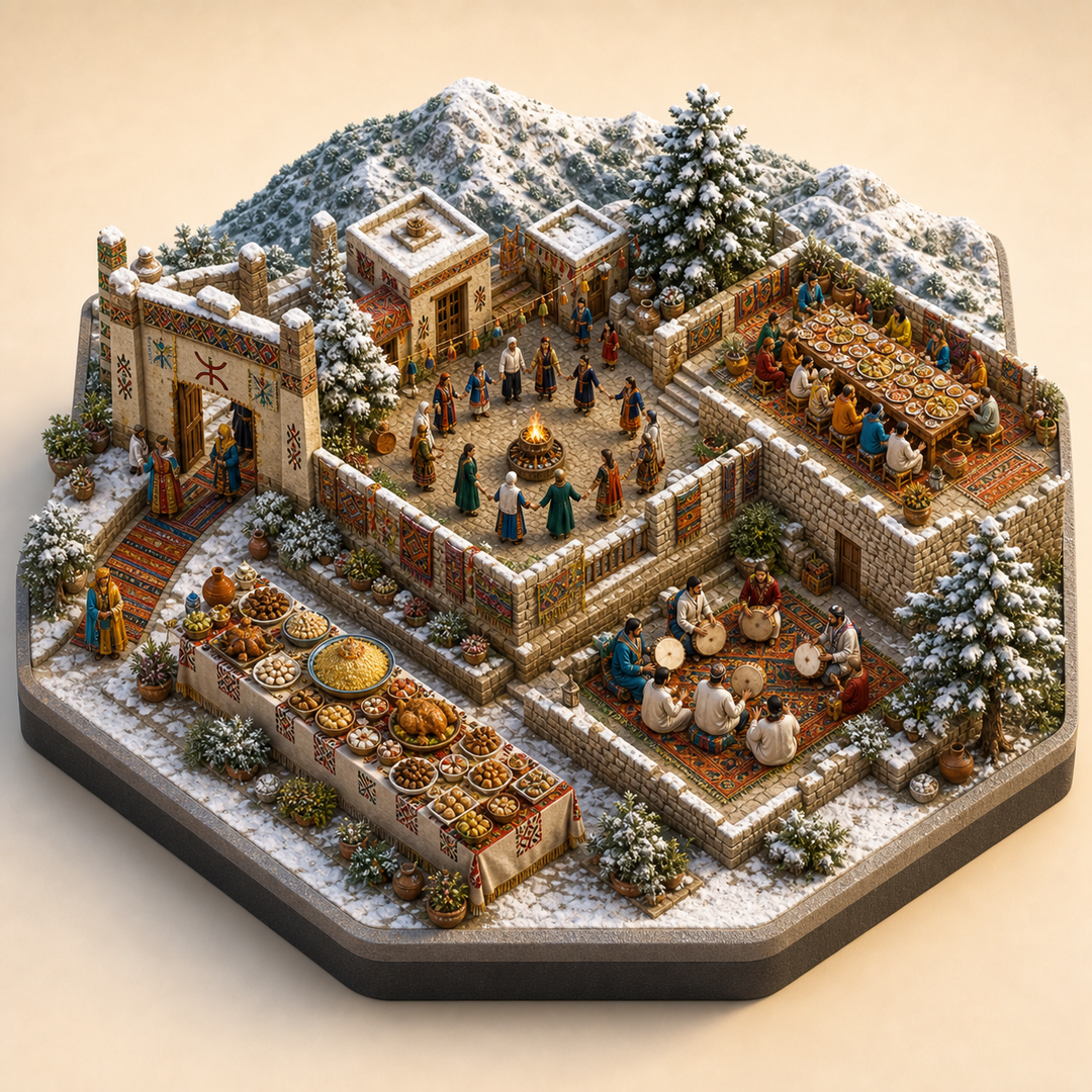 Setif Amazigh New Year immersive miniature model with Amazigh threshold, Yennayer family courtyard, Setif snowy feast terrace, Couscous, chicken, and sweets table, Frame-drum song corner