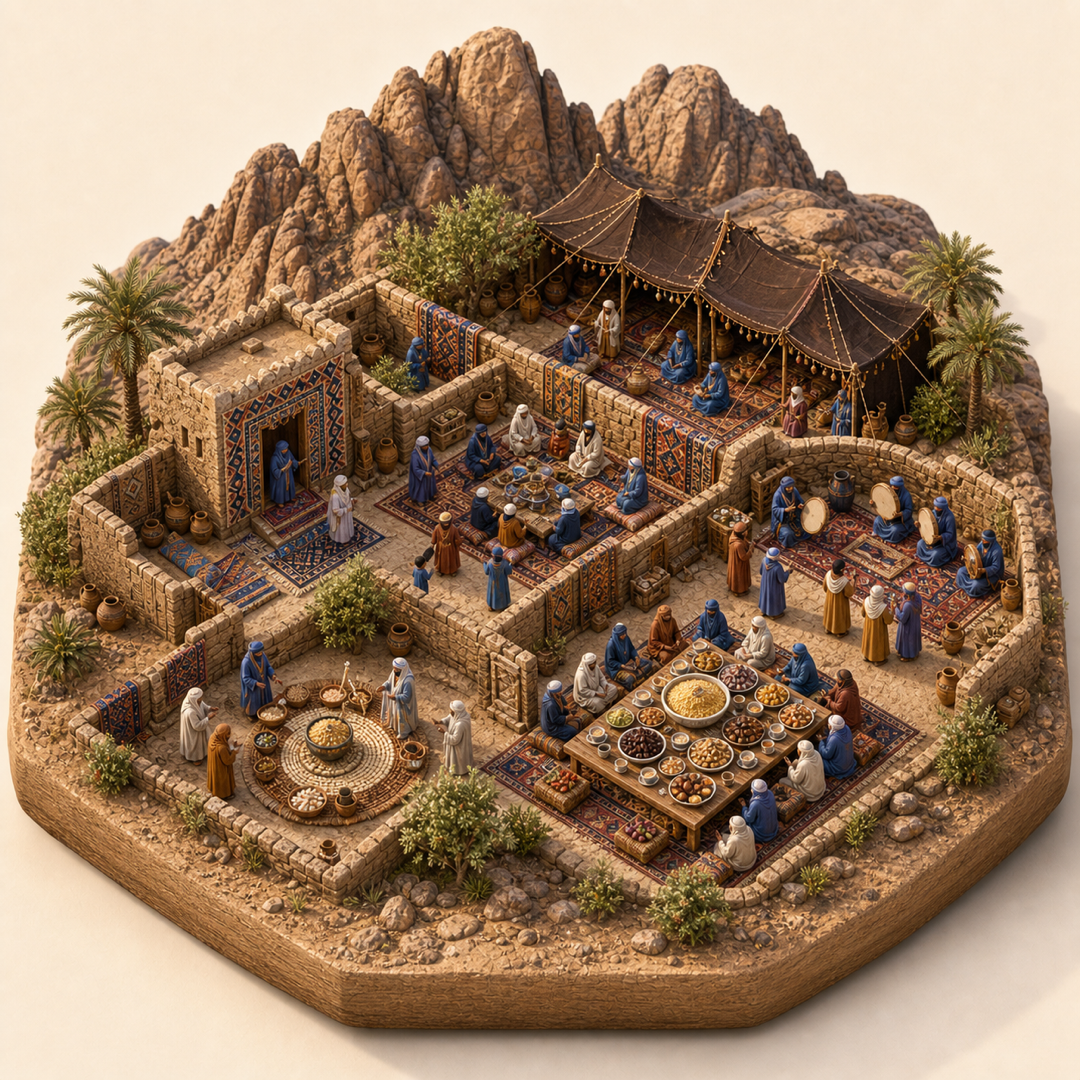 Tamanrasset Amazigh New Year immersive miniature model with Amazigh threshold, Yennayer family courtyard, Grain blessing tray, Couscous and sweets table, Frame-drum song corner
