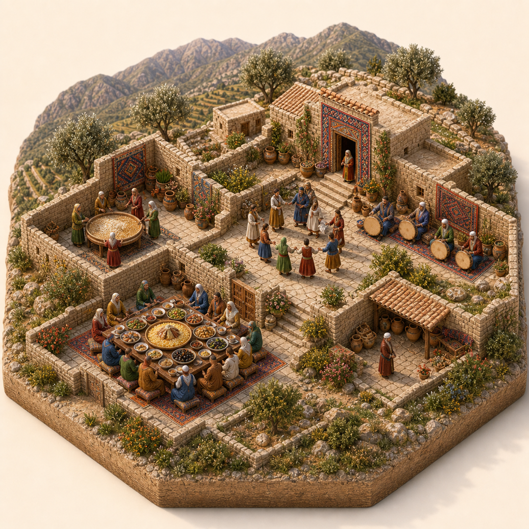Tizi Ouzou Amazigh New Year immersive miniature model with Amazigh threshold, Yennayer family courtyard, Grain blessing tray, Couscous and olive table, Frame-drum song corner
