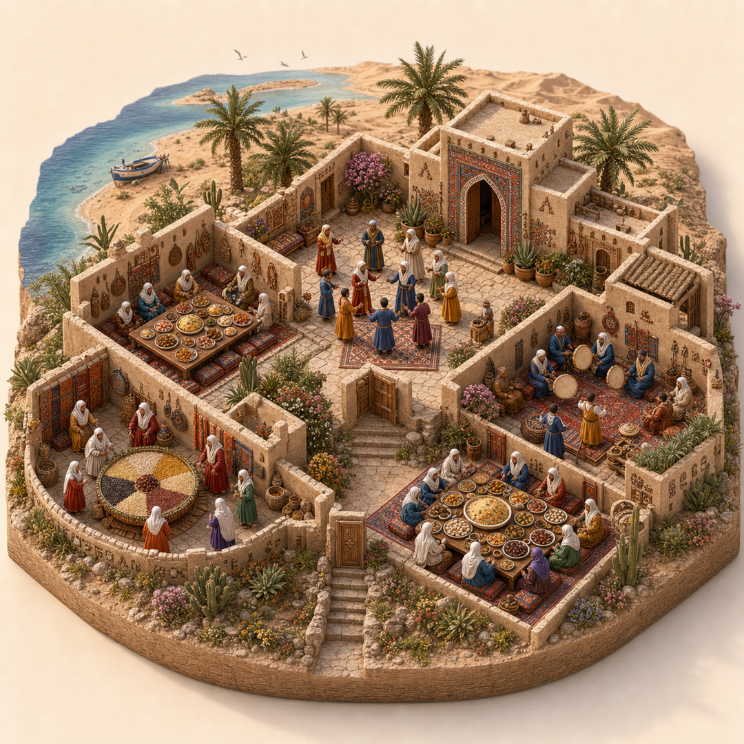 Dakhla-Oued Ed-Dahab Amazigh New Year immersive miniature model with Amazigh threshold, Yennayer family courtyard, Grain blessing tray, Couscous and sweets table, Frame-drum song corner