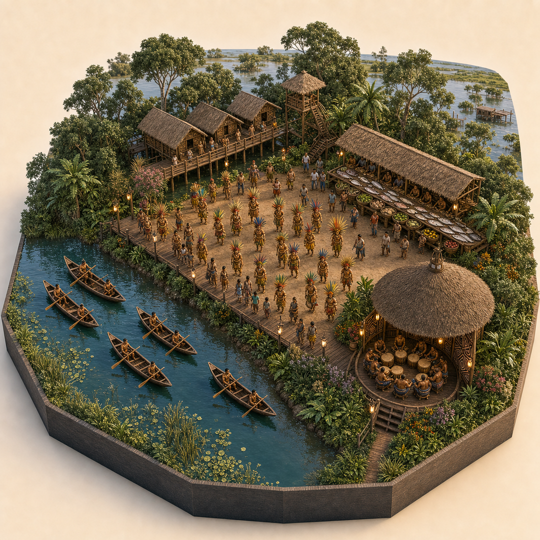 Beni Amazon River and Indigenous Festival immersive miniature model with Riverfront procession, Canoe water course, Beni floodplain edge, River fish table, Drum-house corner