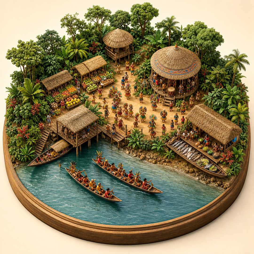 Pando Amazon River and Indigenous Festival immersive miniature model with Riverfront procession, Canoe water course, Pando forest dock, River fish table, Drum-house corner