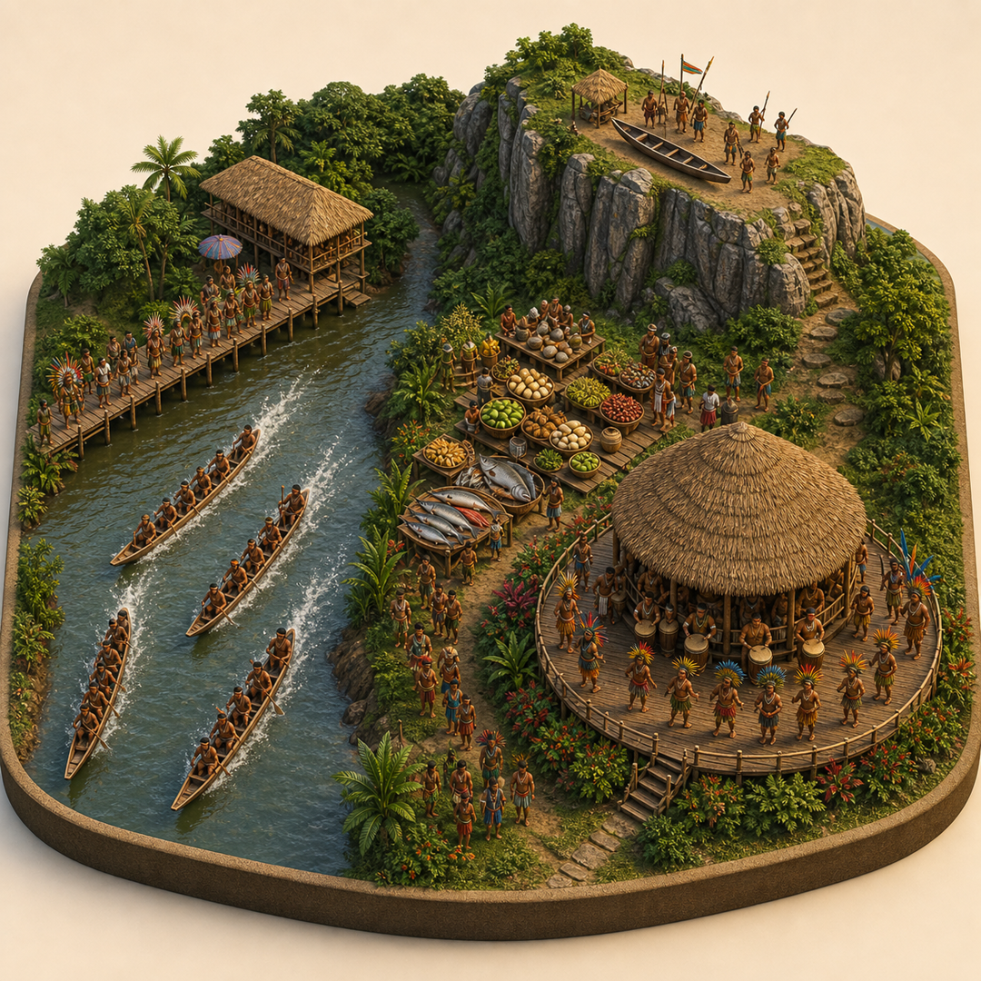 Potaro-Siparuni Amazon River and Indigenous Festival immersive miniature model with Riverfront procession, Canoe water course, Potaro plateau landing, River fish table, Drum-house corner