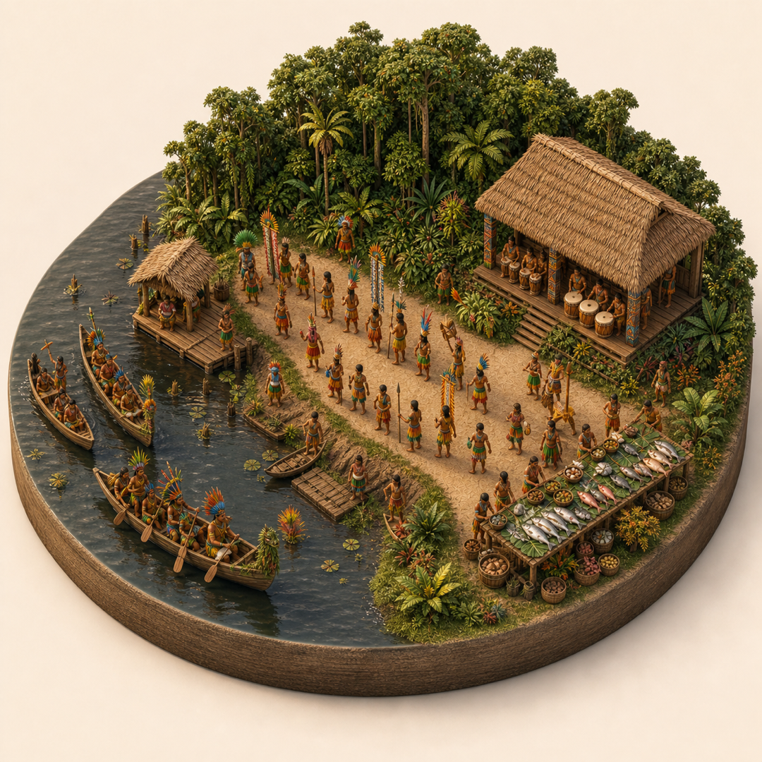 Amazon River and Indigenous Festival immersive miniature model with Riverfront procession, Canoe water course, Forest canopy edge, River fish table, Drum-house corner