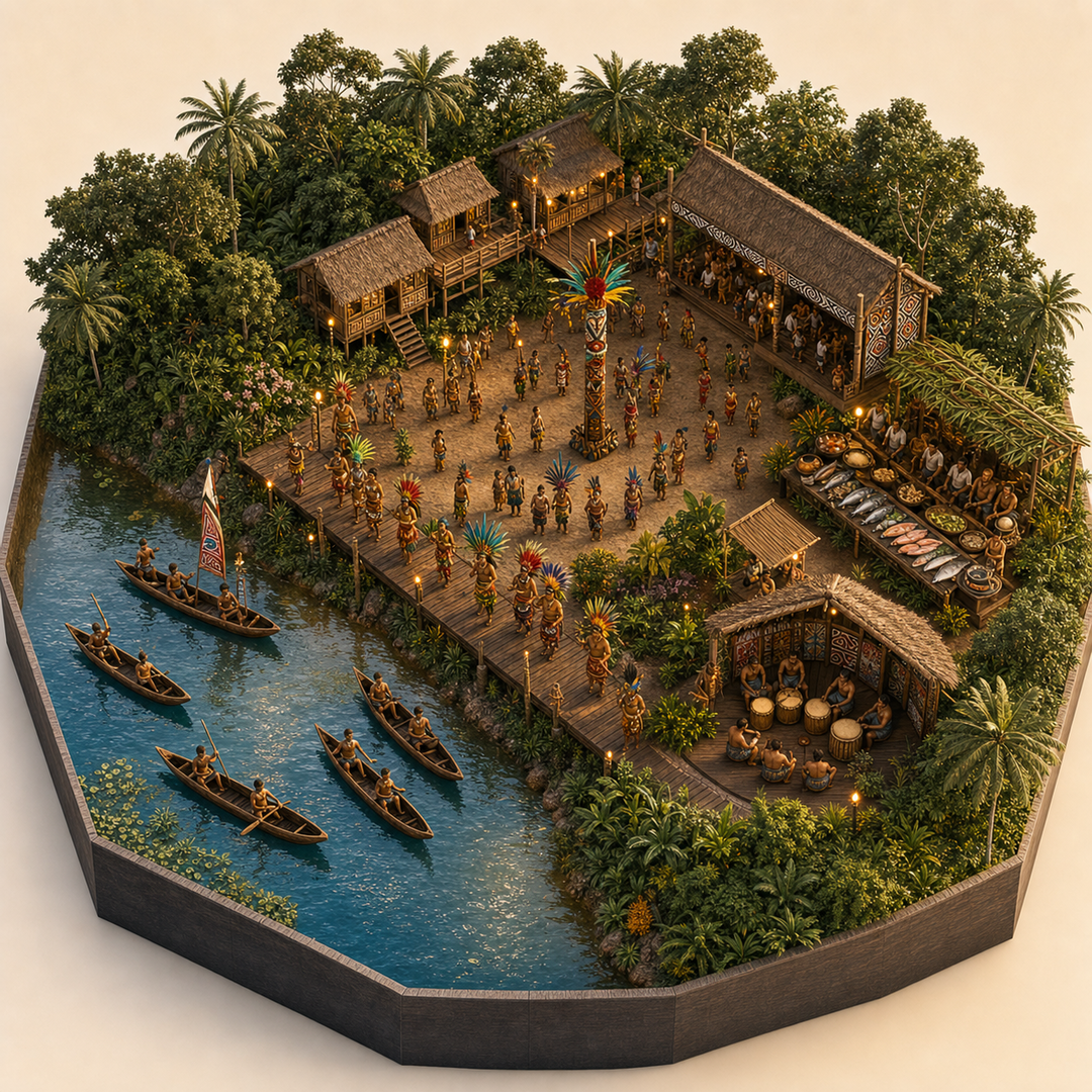 Amazon River and Indigenous Festival in Loreto immersive miniature model with Riverfront procession, Canoe water course, Loreto river-town edge, River fish table, Drum-house corner