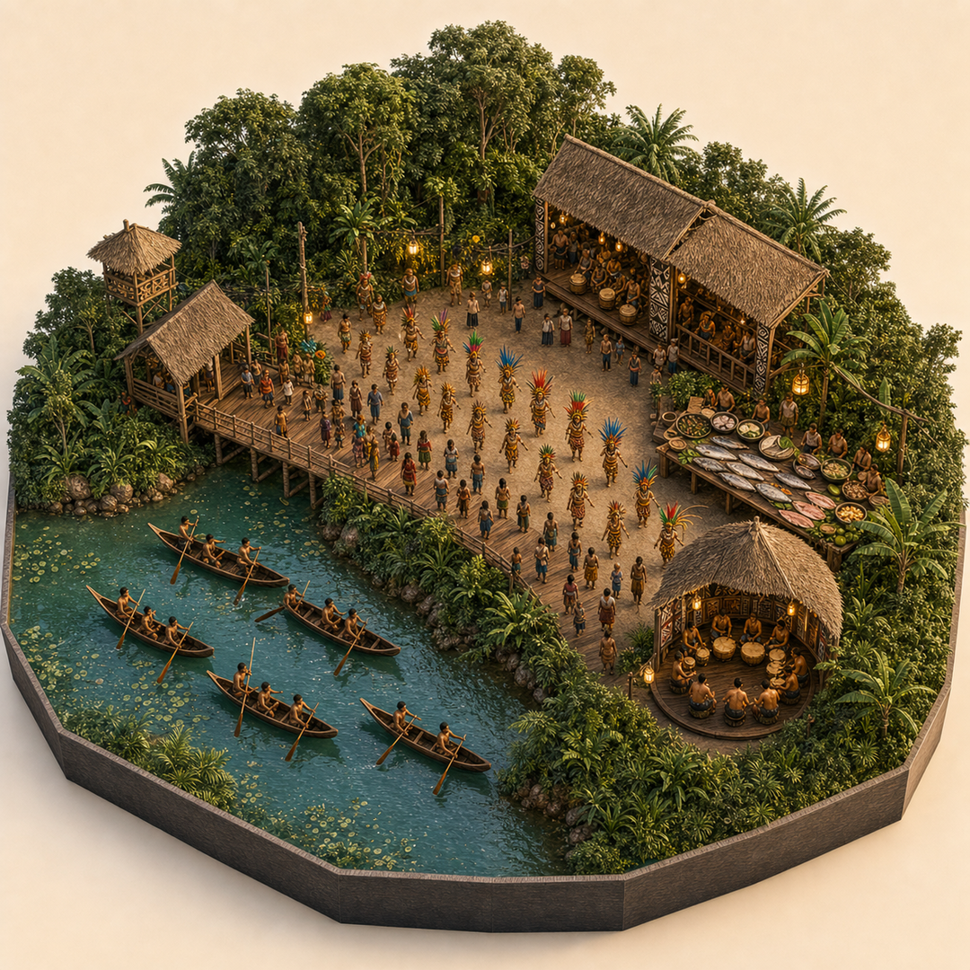 Amazon River and Indigenous Festival in Madre de Dios immersive miniature model with Riverfront procession, Canoe water course, Madre de Dios rainforest edge, River fish table, Drum-house corner