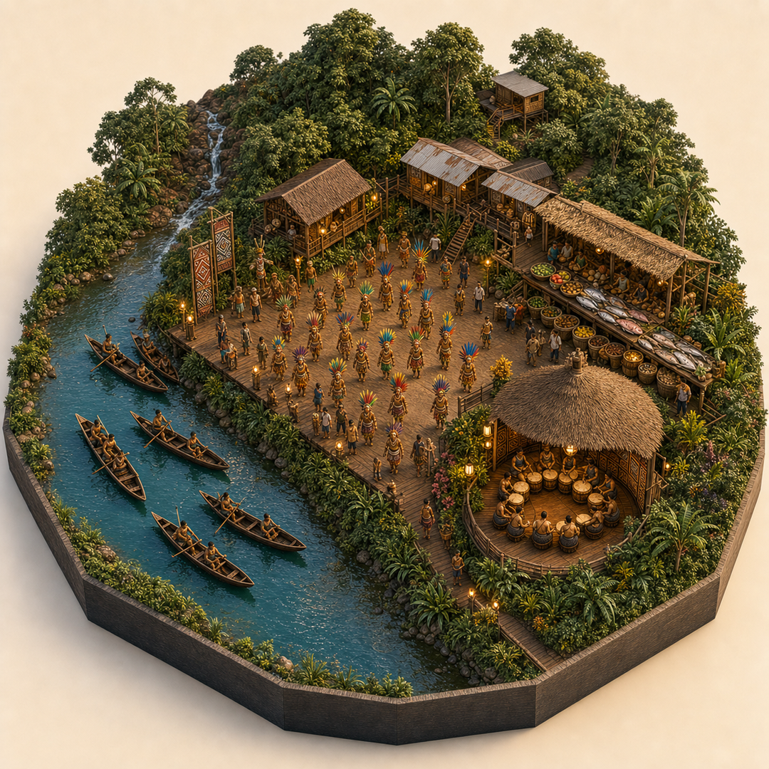 Amazon River and Indigenous Festival in San Martín immersive miniature model with Riverfront procession, Canoe water course, San Martin foothill edge, River fish table, Drum-house corner