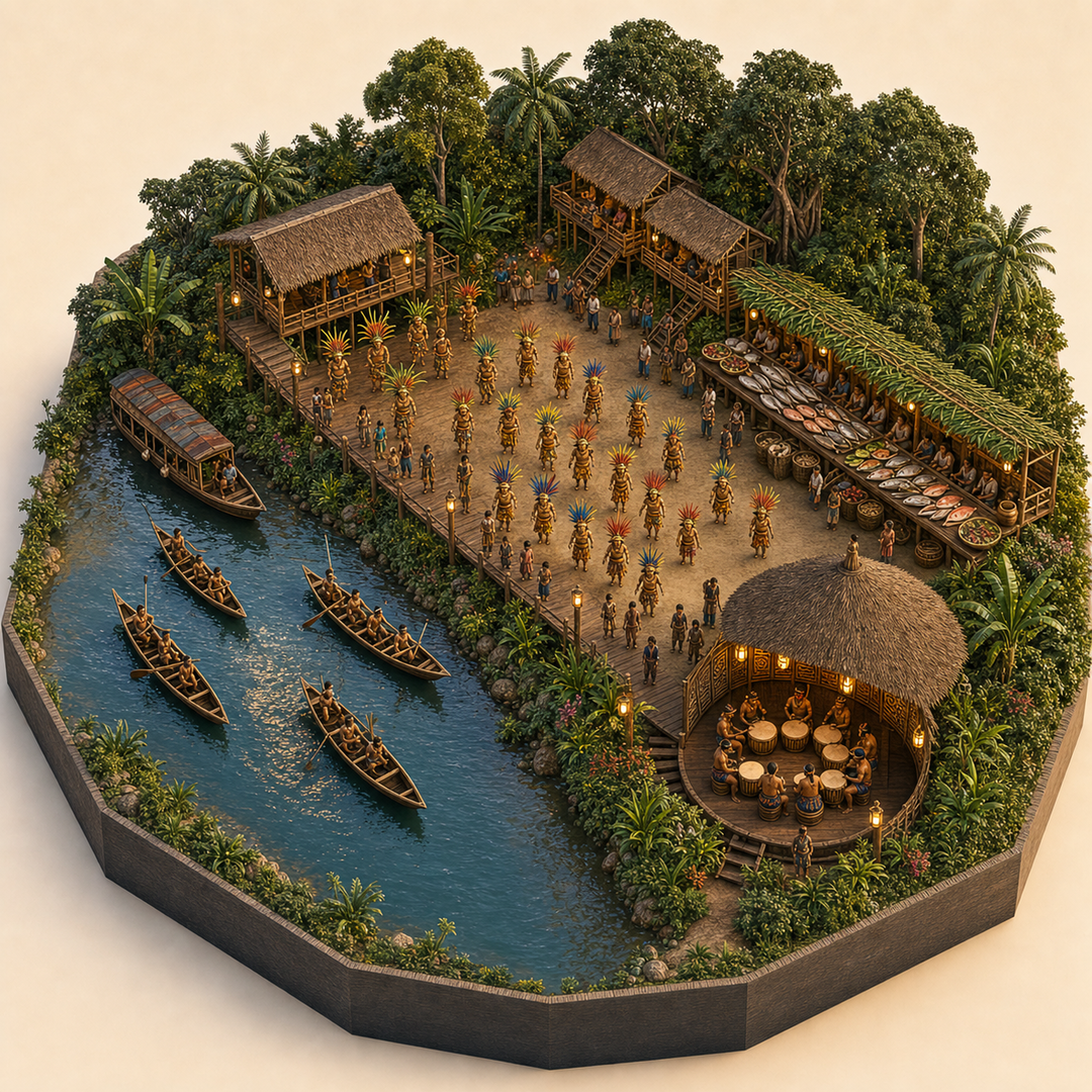 Amazon River and Indigenous Festival in Ucayali immersive miniature model with Riverfront procession, Canoe water course, Ucayali dock edge, River fish table, Drum-house corner