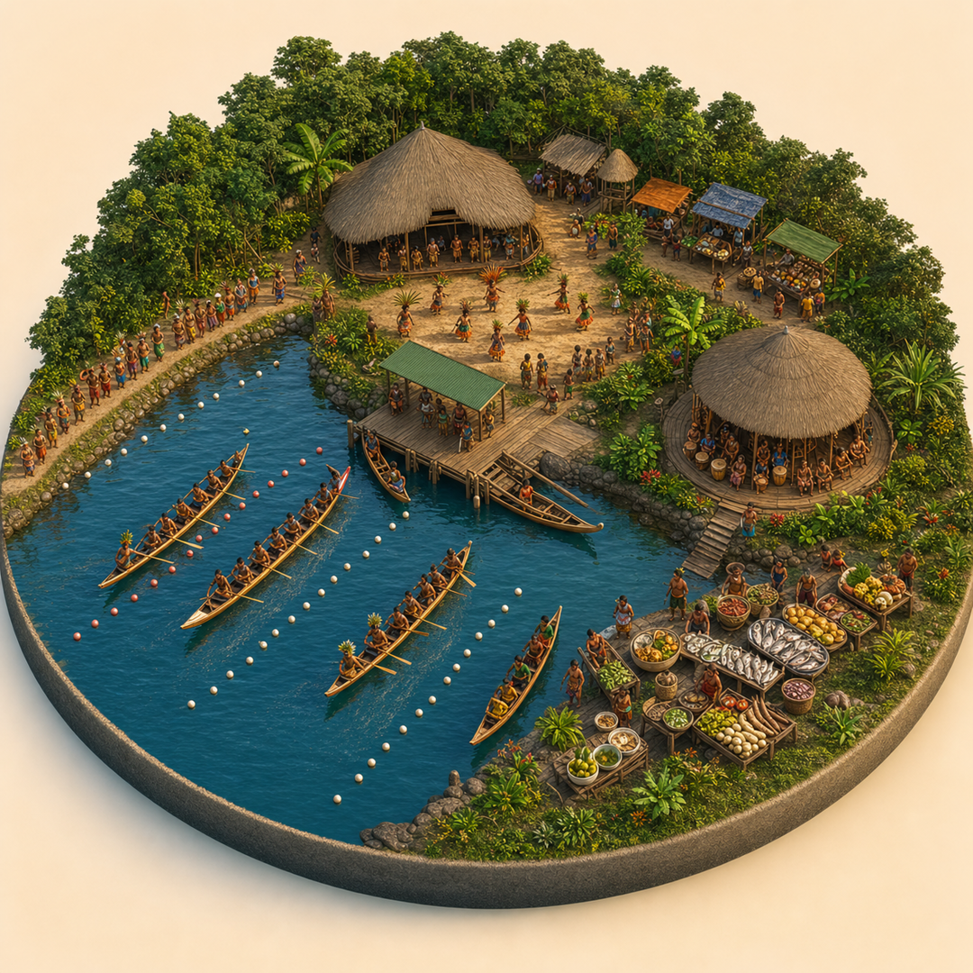 Brokopondo Amazon River and Indigenous Festival immersive miniature model with Riverfront procession, Canoe water course, Brokopondo lake landing, River fish table, Drum-house corner