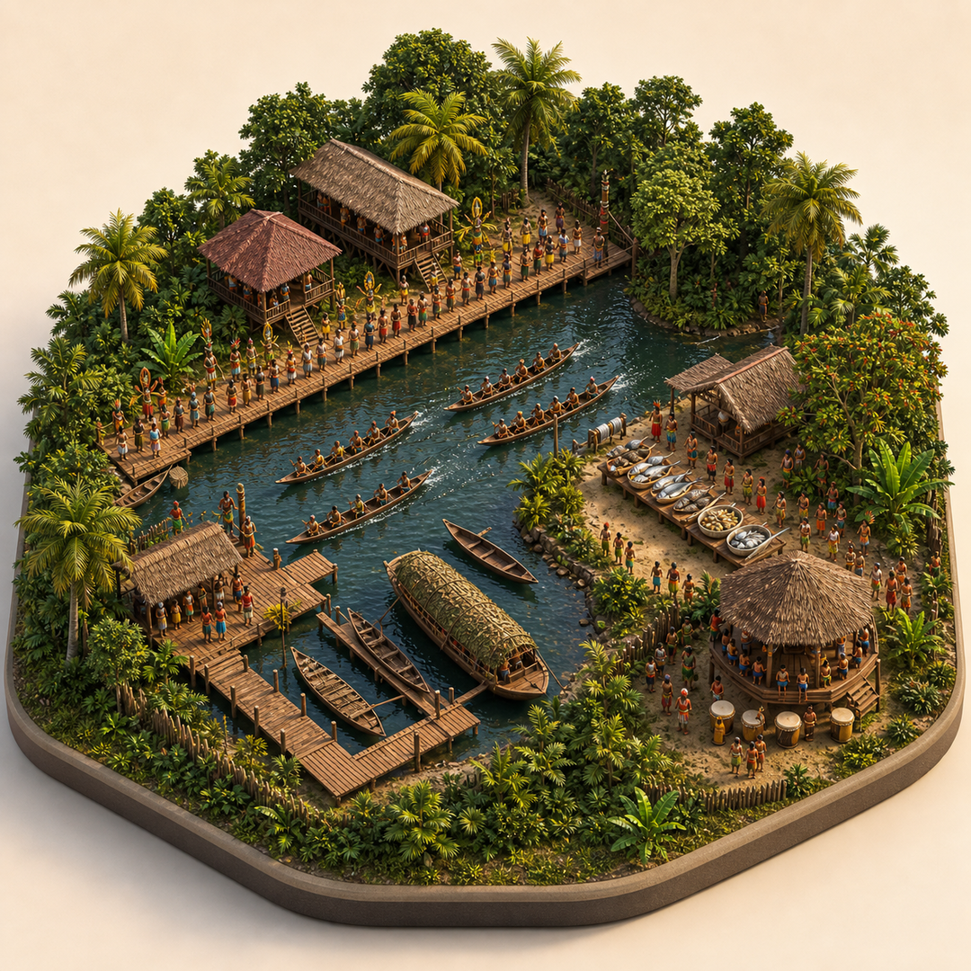 Marowijne Amazon River and Indigenous Festival immersive miniature model with Riverfront procession, Canoe water course, Marowijne river-forest edge, River fish table, Drum-house corner