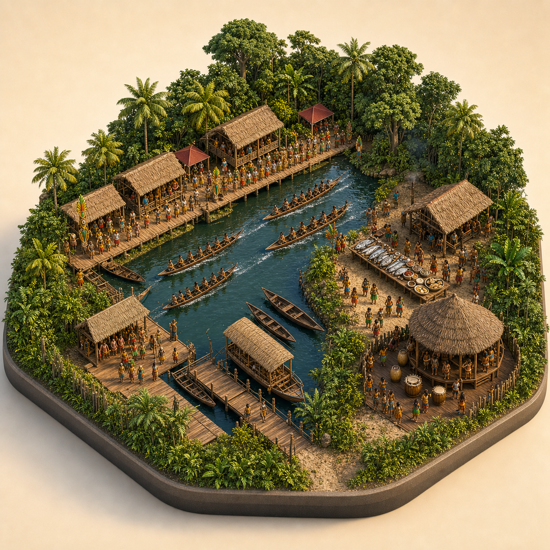 Sipaliwini Amazon River and Indigenous Festival immersive miniature model with Riverfront procession, Canoe water course, Sipaliwini canopy edge, River fish table, Drum-house corner