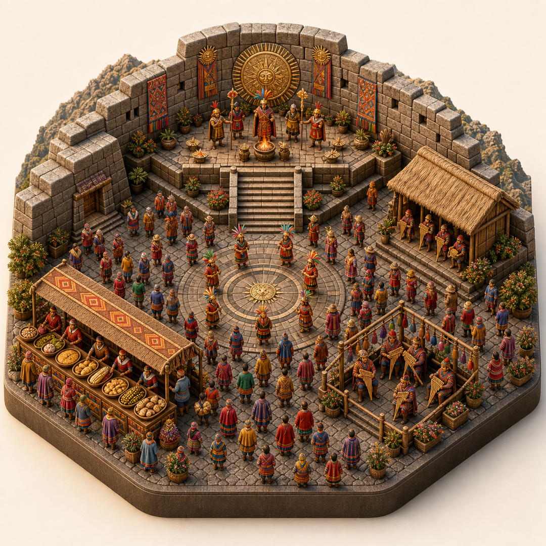 Miniature model visual journey for Inti Raymi and Andean Sun Festival in Cusco, with five clickable festival zones.
