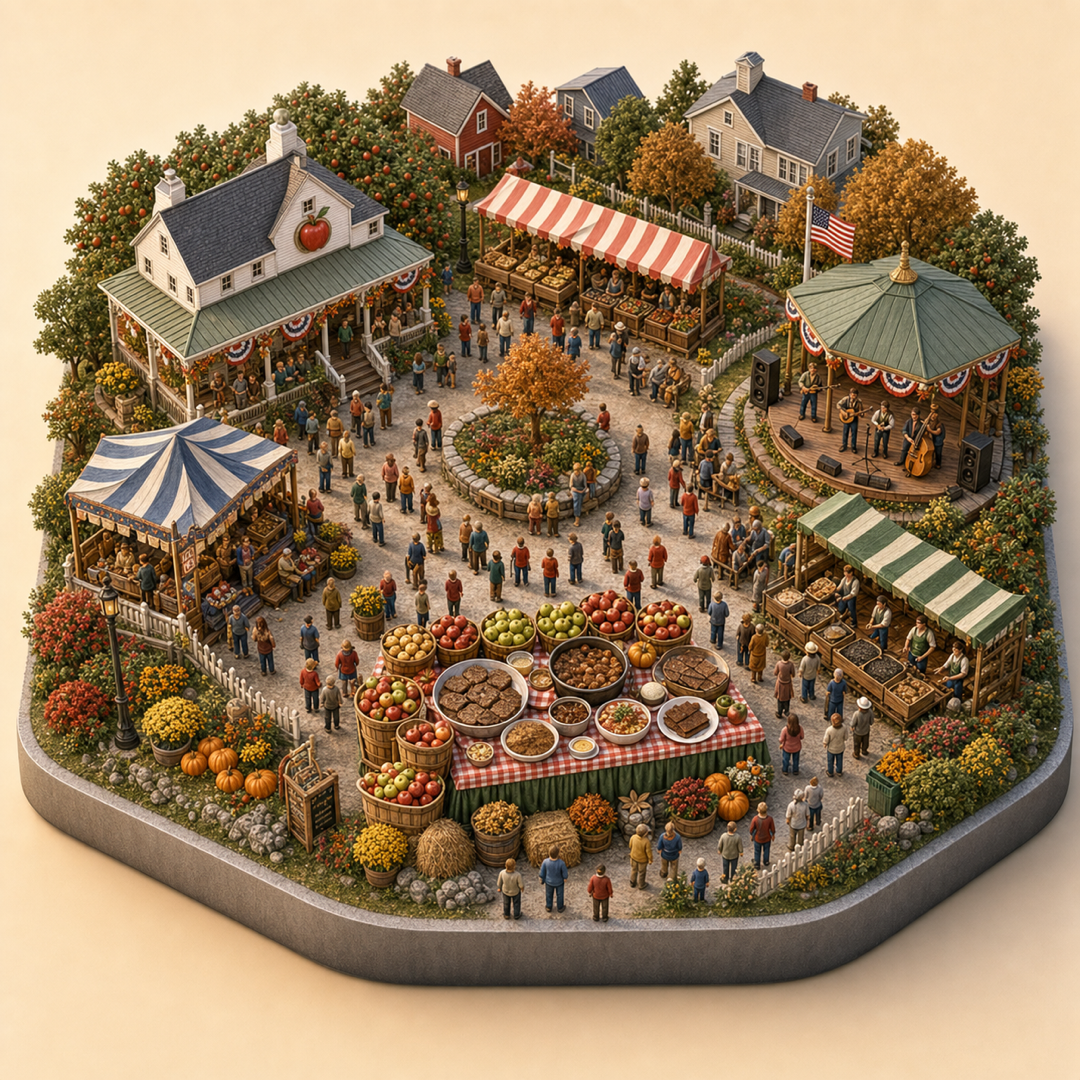 Apple Scrapple Festival immersive miniature model with food cue, market cue, local food stalls, regional specialty table, and folk performance corner
