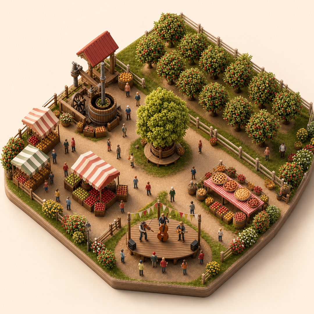 AppleJack Festival immersive miniature model with Apple market stalls, Cider press, Orchard rows, Apple pie table, Fiddle platform