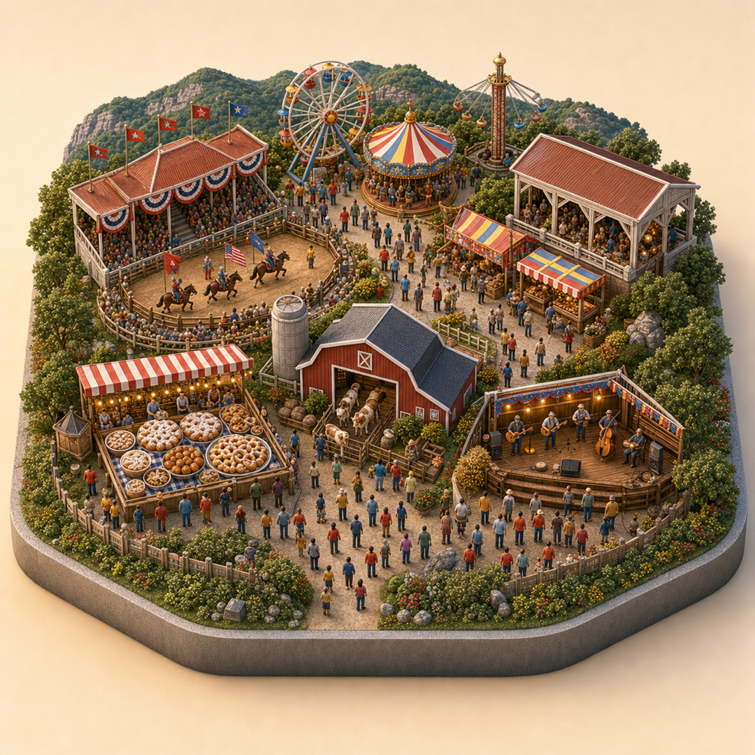Arkansas State Fair immersive miniature model with state fair cue, county fair cue, agricultural exhibit barns, fried dough table, and country music corner