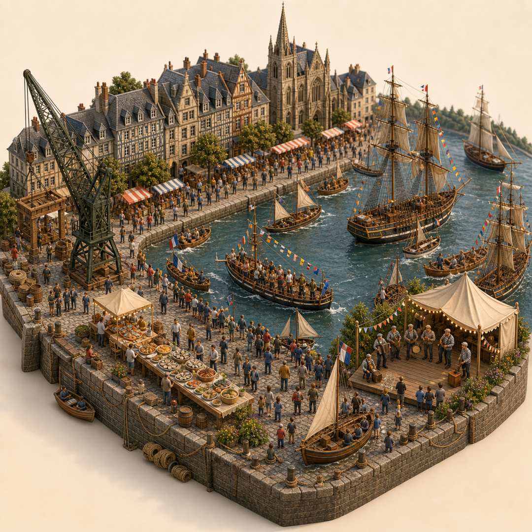 Armada de Rouen immersive miniature model visual journey with Port quay, Boat display, Harbor parade, Seafood table, Sea shanties corner