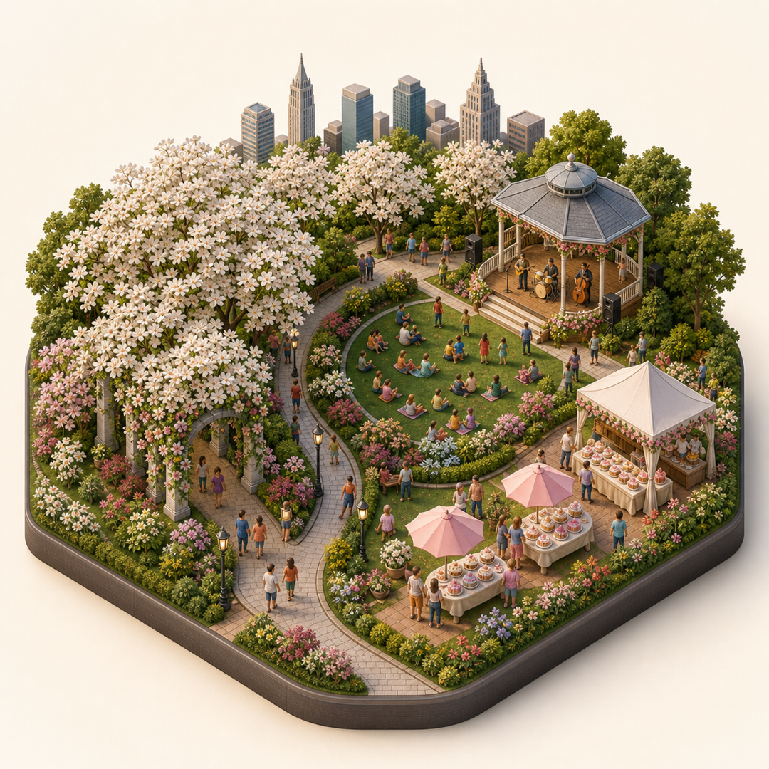 Miniature model visual journey for Atlanta Dogwood Festival, with five clickable festival zones.
