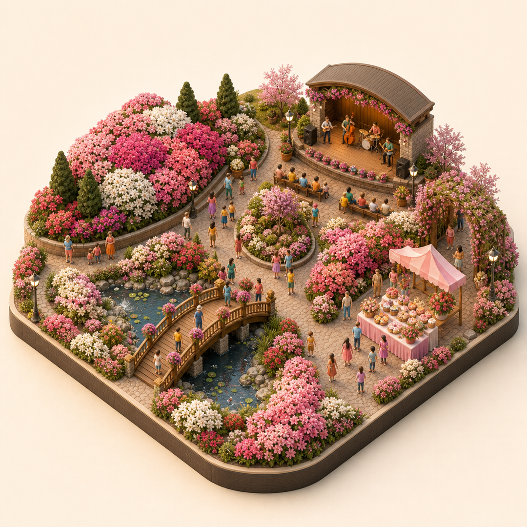 Miniature model visual journey for Azalea Festival Muskogee, with five clickable festival zones.