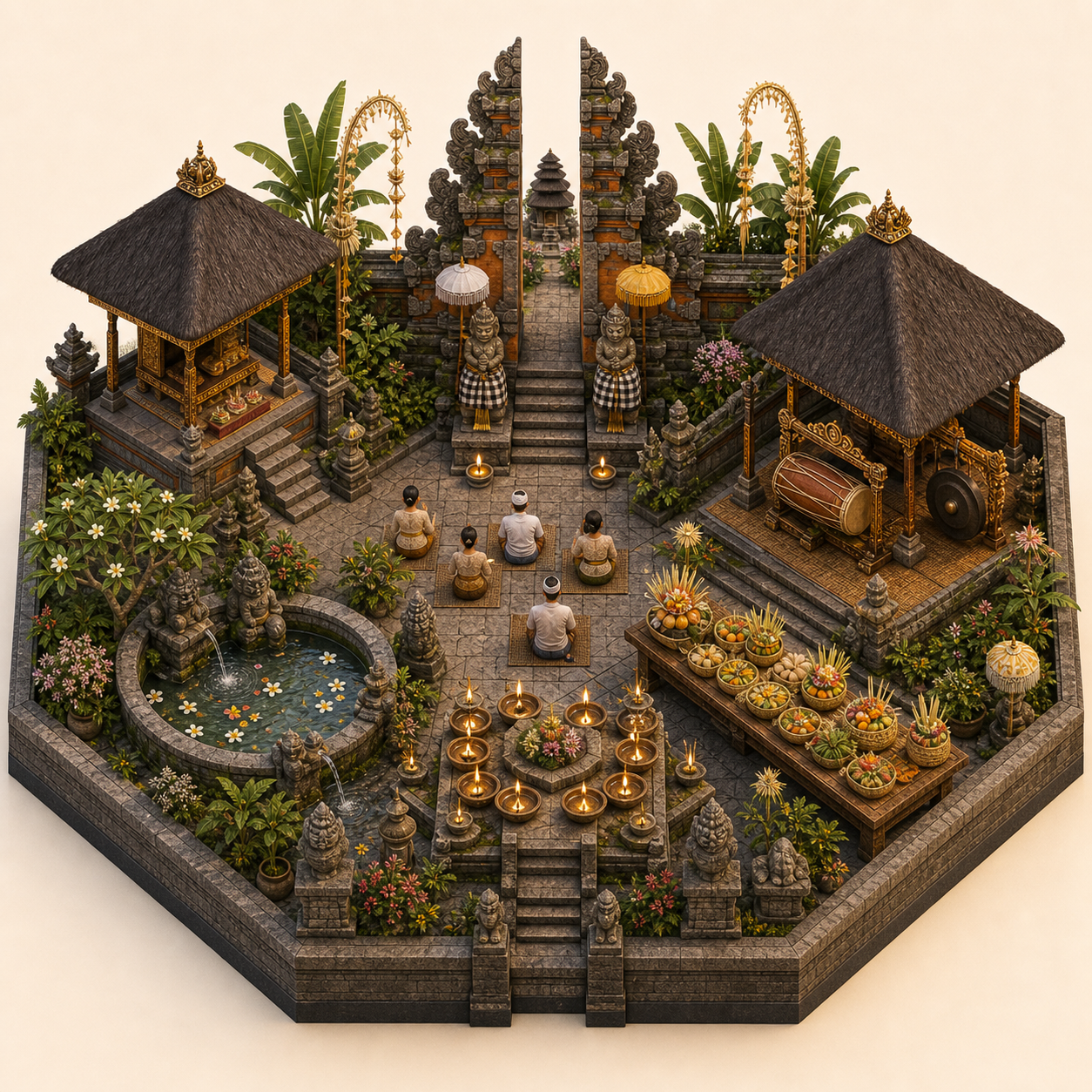 Balinese Day of Silence miniature festival model with Balinese temple gate, New Year oil lamps, Purification basin, Vegetarian offerings, Pre-silence drum corner